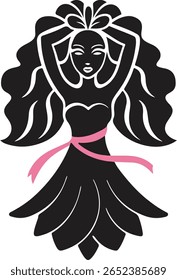 Silhouette of woman with flowing hair and bouquet wearing pink ribbon belt, symbolizing renewal and strength for Breast Cancer Awareness, ideal for feminine visuals