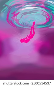 silhouette of a woman freediving with pink and blue abstract background