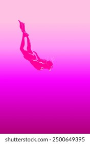 silhouette of a woman freediving with pink gradient background