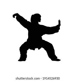 Silhouette woman girl standing in a wushu, kung fu stand. Vector illustration. Sign icon