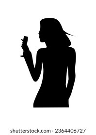 Silhouette of a woman with a glass of champagne on a white background
