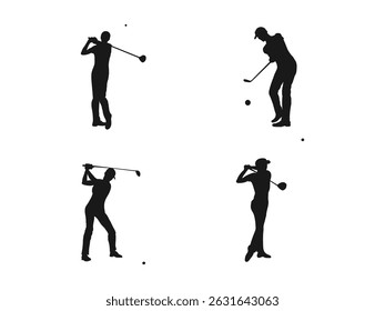 Silhouette of a woman golf player posing illustration. Silhouette illustration of golfers in various swing positions. A lady professional golfer playing golf. vector isolated on a white background.