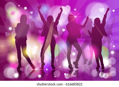 Silhouette Woman Group Dancing Night Club Light Flat Vector Illustration