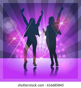 Silhouette Woman Group Dancing Night Club Light Flat Vector Illustration