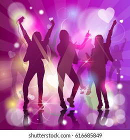 Silhouette Woman Group Dancing Night Club Light Flat Vector Illustration