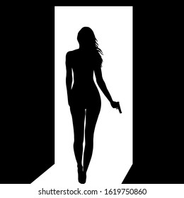Silhouette of woman with a gun leaving a dark room