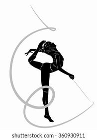 silhouette of a woman gymnast with ribbon . black and white sketch.white background