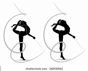 silhouette of a woman gymnast with ribbon . black and white sketch.white background