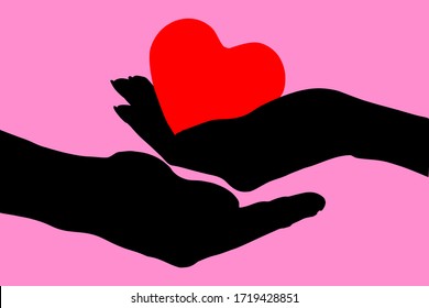 Silhouette woman hand is holding red heart and man hand below with pink background. Valentine,Encouragement, donate, medical,cancer, sharing, love, holiday concept. 