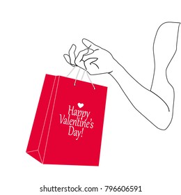 Silhouette Woman hand holding red shopping bag. Paper gift package in female hand. Vector illustration in red, black white colors. Sale, Shopping. Happy Valentine's Day