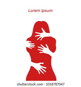 Silhouette of woman, harassment, hands, vector illustration, flat concept, text, red, stop, violence