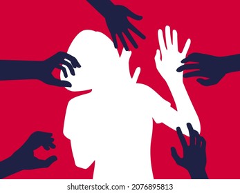 Silhouette of woman, harassment vector illustration. hands of man touching women. Violence against women, Workplace bullying concept. flat concept, text, blue, white, victim, sexual, rape