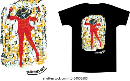 Silhouette of a woman in a hat in dancing, relaxing pose. Slogan - only good vibes. Vector illustration in colorful palette. Print for trendy t shirt and apparel design, cards, stickers, posters.