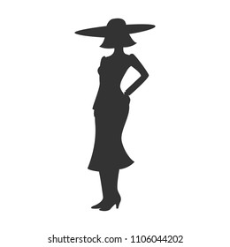 Silhouette of woman in hat, skirt and heels. Lady icon. Vector illustration.