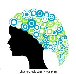 silhouette of woman head with abstract circles