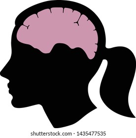 Silhouette woman head with brain organ. Flat/ design. Vector  illustation isolated on white background