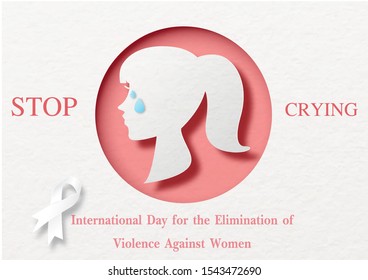 Silhouette of woman head crying in a pink circle with the name, slogan of campaign and white ribbon on paper pattern background. All in vector design and paper cut style.