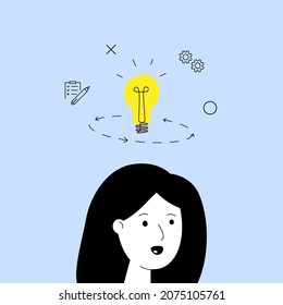 silhouette of a woman head and a lamp on top. concept of new idea, brainstorming, analysis solution, problem solved, startup, innovation, creativity technology. simple thin line style, doodle art