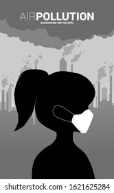 Silhouette woman head with mask and smoke from city and factory. Concept for Air pollution and environment crisis. 