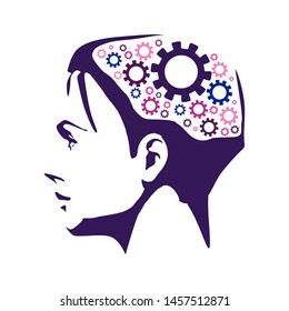 Silhouette of a woman head. Mental health relative brochure design template. Gears icons in head as symbol of brainstorm or thinking