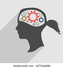 Silhouette of a woman head. Mental health concept. Gears icons in head as symbol of brainstorm or thinking. Web icon with long shadow