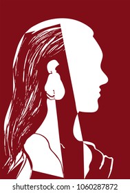 Silhouette of woman head. Profile of a beautiful young girl with long hair. Red and white vector illustration. Fashion concept. Geometrical abstract drawing.