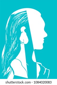 Silhouette of woman head. Profile of a beautiful young girl with long hair. Turquoise and white vector illustration. Fashion concept. Geometrical abstract drawing.