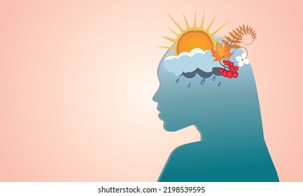 silueta de una mujer en el sol de la cabeza, nubes, lluvia, flores - el concepto de mentalidad en la salud mental, bienestar, autocuidado en el vector del otoño