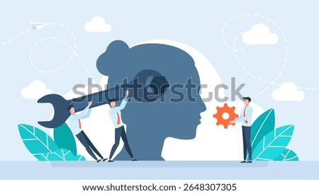 Silhouette of a woman head with a wrench tool and nut. Change mindset, entrepreneur holding a wrench to modify gear cogs on a human head as a metaphor for mindset. Vector illustration