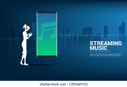 Silhouette of woman with headphone and Sound wave Music Equalizer background. audio visual headphone icon with line wave graphic style
