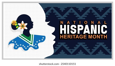 Silueta de una mujer con cultura hispana y Latina. Texto del Mes de la Herencia Cultural Hispana con patrón étnico. Concepto del Mes de la Herencia Hispana. Ilustración vectorial plana.