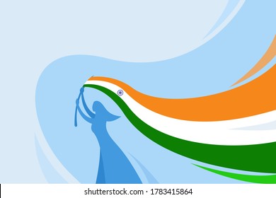 Silueta de una mujer izando la bandera tricolor india. Concepto del Día de la Independencia de la India