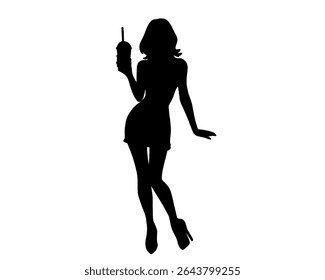 Silhouette of woman holding drink cup, drink advertising model, isolated icon on white background