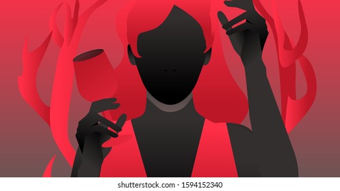 Silhouette of woman holding a glass of wine in her hands. Antlers or deer horns behind her back. Horror and suspense atmosphere.