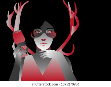 Silhouette of woman holding a glass of wine. Antlers or deer horns behind her back.  