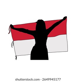 Silhouette of a Woman Holding Up Indonesian Flag Bunting, Patriotic Female Figure Displaying Independence Day Decorations