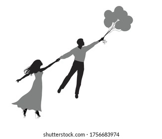 Silhouette of a woman holding a man. He is flying and holding balloons. Isolated on white.
