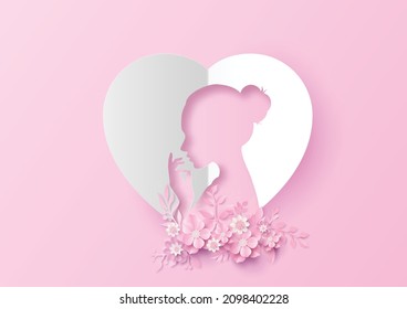  Silhouette of woman inside a heart shape surrounded by pink floral decorations.