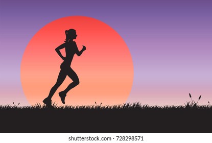 Silhouette woman jogging on sunset background. Illustration vector