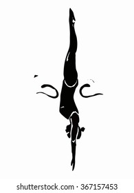 silhouette of a woman to jump into the water,black and white illustration, white background