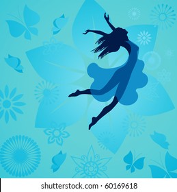 Silhouette Of A Woman Jumping With The  Flower