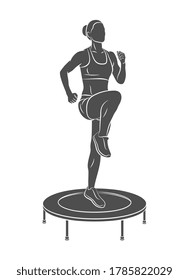 Silhouette woman jumping on trampoline. Young fitness girl trains on a mini trampoline on a white background. Vector illustration