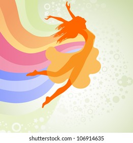 Silhouette  Woman Jumping With The Rainbow