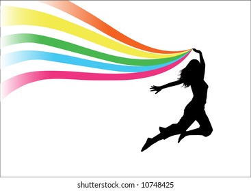 Silhouette of a woman jumping with the rainbow