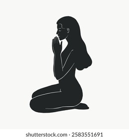 Silhouette of a woman kneeling in prayer. The woman is depicted in a meditative pose, with hands together. The silhouette emphasizes calm and introspection. Aesthetic woman illustration vector.