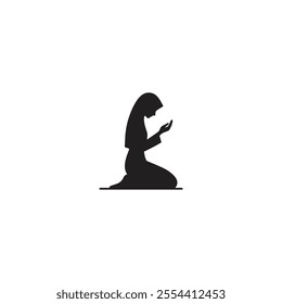 Silhouette of a woman kneeling in prayer, with hands raised in devotion. Captures serene spiritual reflection and humble supplication in a minimalist style.