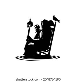 silhouette of woman lady ladies female devil evil ghost sitting on the old chair with little child ghost in his lap, with magic wand skull stick in his hand and a crow raven logo design inspiration