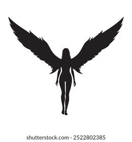 The silhouette of a woman with large outstretched wings looks like an angel or a fantastic creature.