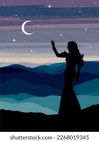 Silhouette of a woman in a long dress against the backdrop of a mountain landscape with a moon and a starry sky.