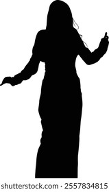 Silhouette of a woman in a long dress gesturing with her hands, set against a white background.